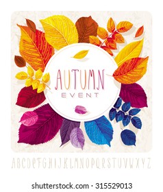 Autumn leaves card for events and sales with round label on grunge background without gradient fills.