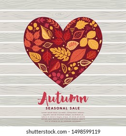 Autumn leaves card. Fall autumn leaves in the shape of heart. Nature symbol vector collection.