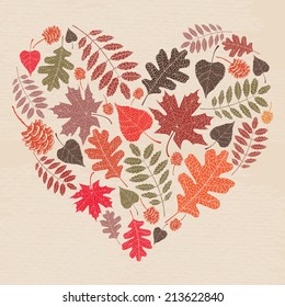 Autumn leaves card. Fall autumn leaves in the shape of heart. Nature symbol vector collection. 