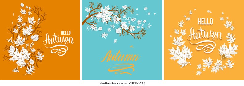 Autumn leaves cards set. Template for design banner, ticket, leaflet, card, poster and so on. A wreath or branch silhouette is a beautiful mix of leaves. Autumn motive