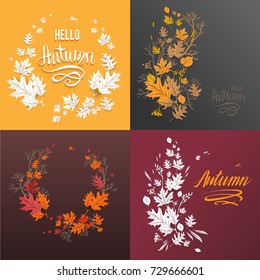Autumn leaves cards set. Template for design banner, ticket, leaflet, card, poster and so on. A wreath or branch silhouette is a beautiful mix of leaves. Autumn motive