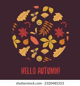 Hojas de otoño. Cae hojas de otoño en forma de círculo e inscripción hola otoño.