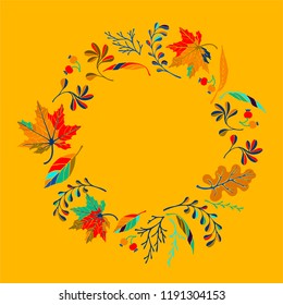 Autumn leaves in cartoon style. A cute background. Seasonal banner. September fall. October party. November  sale. Decorative border. Halloween. Maple branch.  Vector illustration.