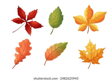 Autumn leaves. Cartoon style. Maple, chestnut, oak leaf, yellow and orange.