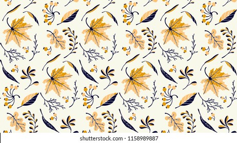 Autumn leaves in cartoon style. Seamless pattern. A cute background. Seasonal banner. September fall. October party. November  sale. Decorative border. Halloween. Maple branch.  Vector illustration.