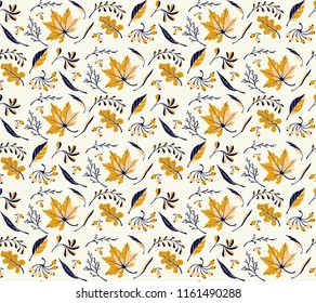 Autumn leaves in cartoon style. Seamless pattern. A cute background. Seasonal banner. September fall. October party. November  sale. Decorative border. Halloween. Maple branch.  Vector illustration.