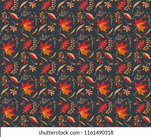 Autumn leaves in cartoon style. Seamless pattern. A cute background. Seasonal banner. September fall. October party. November  sale. Decorative border. Halloween. Maple branch.  Vector illustration.
