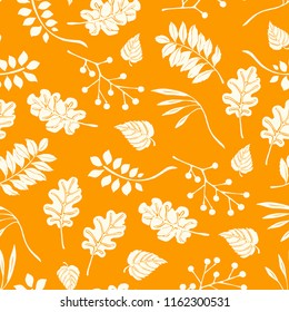 Autumn leaves in cartoon style. Seamless pattern. A cute background. Seasonal banner. September fall. October party. November  sale. Decorative border. Halloween. Maple branch.  Vector illustration.