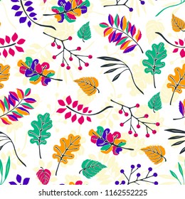 Autumn leaves in cartoon style. Seamless pattern. A cute background. Seasonal banner. September fall. October party. November  sale. Decorative border. Halloween.   Vector illustration.