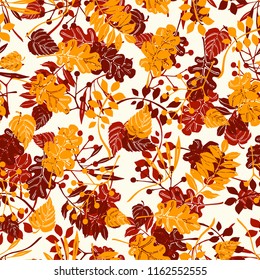 Autumn leaves in cartoon style. Seamless pattern. A cute background. Seasonal banner. September fall. October party. November  sale. Decorative border. Halloween. Maple branch.  Vector illustration.