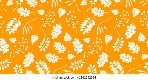 Autumn leaves in cartoon style. Seamless pattern. A cute background. Seasonal banner. September fall. October party. November  sale. Decorative border. Halloween. Maple branch.  Vector illustration.