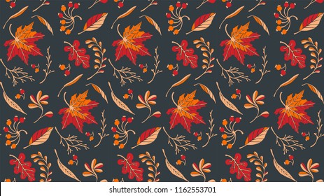 Autumn leaves in cartoon style. Seamless pattern. A cute background. Seasonal banner. September fall. October party. November  sale. Decorative border. Halloween. Maple branch.  Vector illustration.