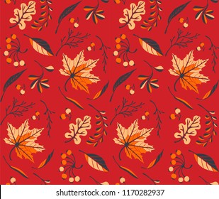 Autumn leaves in cartoon style. Seamless pattern. A cute background. Seasonal banner. September fall. October party. November  sale. Decorative border. Halloween. Maple branch.  Vector illustration.