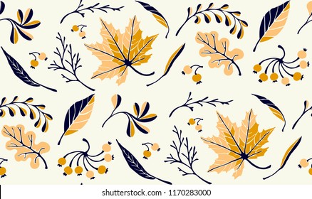 Autumn leaves in cartoon style. Seamless pattern. A cute background. Seasonal banner. September fall. October party. November  sale. Decorative border. Halloween. Maple branch.  Vector illustration.