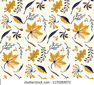 Autumn leaves in cartoon style. Seamless pattern. A cute background. Seasonal banner. September fall. October party. November  sale. Decorative border. Halloween. Maple branch.  Vector illustration.