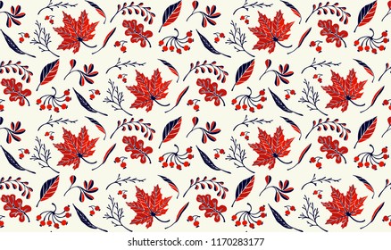 Autumn leaves in cartoon style. Seamless pattern. A cute background. Seasonal banner. September fall. October party. November  sale. Decorative border. Halloween. Maple branch.  Vector illustration.