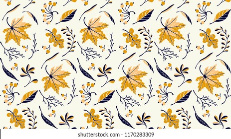 Autumn leaves in cartoon style. Seamless pattern. A cute background. Seasonal banner. September fall. October party. November  sale. Decorative border. Halloween. Maple branch.  Vector illustration.