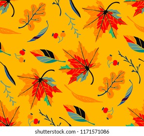 Autumn leaves in cartoon style. Seamless pattern. A cute background. Seasonal banner. September fall. October party. November  sale. Decorative border. Halloween. Maple branch.  Vector illustration.