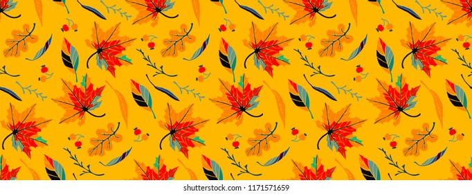 Autumn leaves in cartoon style. Seamless pattern. A cute background. Seasonal banner. September fall. October party. November  sale. Decorative border. Halloween. Maple branch.  Vector illustration.