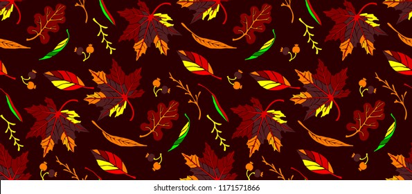 Autumn leaves in cartoon style. Seamless pattern. A cute background. Seasonal banner. September fall. October party. November  sale. Decorative border. Halloween. Maple branch.  Vector illustration.