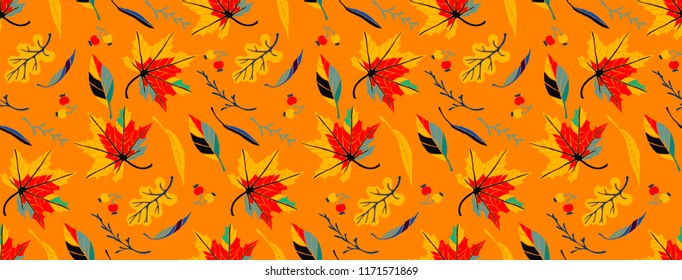 Autumn leaves in cartoon style. Seamless pattern. A cute background. Seasonal banner. September fall. October party. November  sale. Decorative border. Halloween. Maple branch.  Vector illustration.