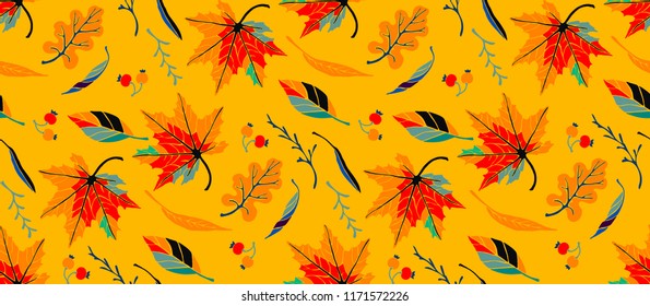 Autumn leaves in cartoon style. Seamless pattern. A cute background. Seasonal banner. September fall. October party. November  sale. Decorative border. Halloween. Maple branch.  Vector illustration.