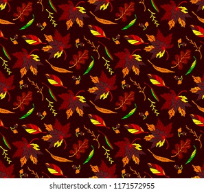 Autumn leaves in cartoon style. Seamless pattern. A cute background. Seasonal banner. September fall. October party. November  sale. Decorative border. Halloween. Maple branch.  Vector illustration.