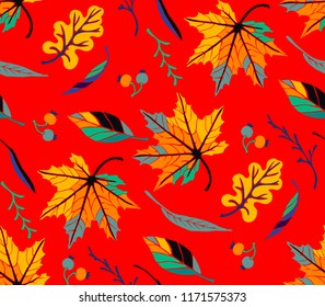 Autumn leaves in cartoon style. Seamless pattern. A cute background. Seasonal banner. September fall. October party. November  sale. Decorative border. Halloween. Maple branch.  Vector illustration.