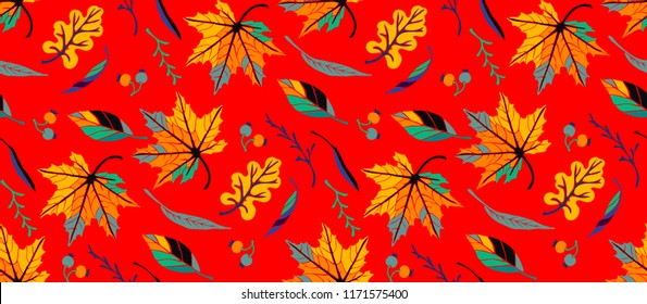 Autumn leaves in cartoon style. Seamless pattern. A cute background. Seasonal banner. September fall. October party. November  sale. Decorative border. Halloween. Maple branch.  Vector illustration.