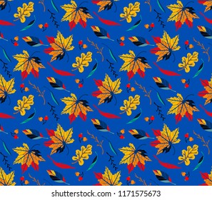 Autumn leaves in cartoon style. Seamless pattern. A cute background. Seasonal banner. September fall. October party. November  sale. Decorative border. Halloween. Maple branch.  Vector illustration.