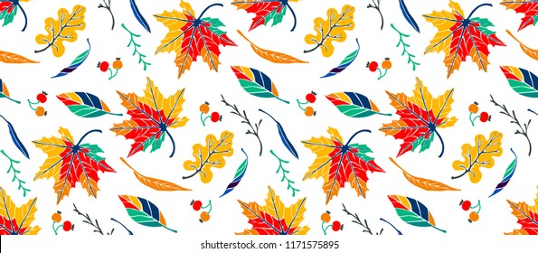 Autumn leaves in cartoon style. Seamless pattern. A cute background. Seasonal banner. September fall. October party. November  sale. Decorative border. Halloween. Maple branch.  Vector illustration.