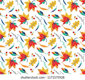 Autumn leaves in cartoon style. Seamless pattern. A cute background. Seasonal banner. September fall. October party. November  sale. Decorative border. Halloween. Maple branch.  Vector illustration.