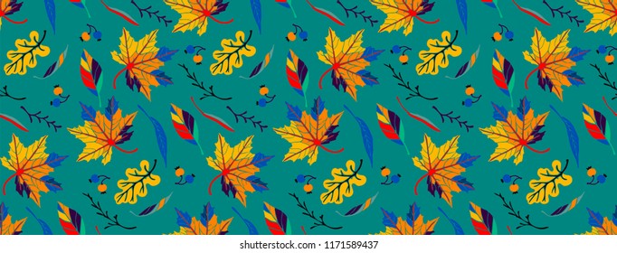 Autumn leaves in cartoon style. Seamless pattern. A cute background. Seasonal banner. September fall. October party. November  sale. Decorative border. Halloween. Maple branch.  Vector illustration.