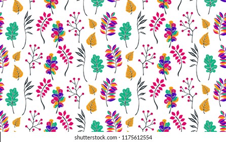 Autumn leaves in cartoon style. Seamless pattern. A cute background. Seasonal banner. September fall. October party. November  sale. Decorative border. Halloween.   Vector illustration.