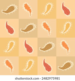 Autumn leaves checked seamless pattern. Fall forest paisley shapes repeat background. Vector hand drawn illustration.