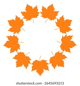 Autumn leaves circle frame. A circular frame made of bright orange maple leaves. Minimalist and clean flat design, perfect for autumn-themed compositions, greeting cards, or seasonal decorations.