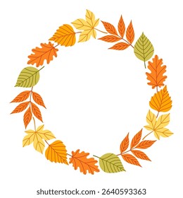 Autumn leaves circle frame. Round border made of fall leaves in orange, yellow, and green. The leaves have different shapes and are arranged in a circle. Vector flat isolated on white background.