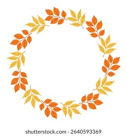Autumn leaves circle frame. Round border made of fall leaves in orange, yellow, and green. The leaves have different shapes and are arranged in a circle. Vector flat isolated on white background.
