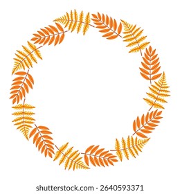 Autumn leaves circle frame. Round border made of fall leaves in orange, yellow, and green. The leaves have different shapes and are arranged in a circle. Vector flat isolated on white background.
