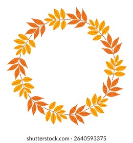 Autumn leaves circle frame. Round border made of fall leaves in orange, yellow, and green. The leaves have different shapes and are arranged in a circle. Vector flat isolated on white background.