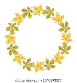 Autumn leaves circle frame. Round border made of fall leaves in orange, yellow, and green. The leaves have different shapes and are arranged in a circle. Vector flat isolated on white background.