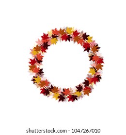 Autumn leaves in circle shape frame isolated on white background