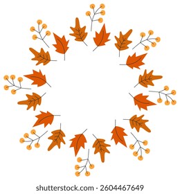 Autumn leaves Circular Frame border in trendy fall shades. Greeting cards Copy space Template idea