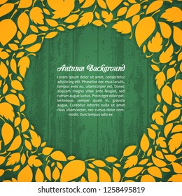 Autumn leaves circular shape on green board texture background - circle template for your design projects - vector illustration