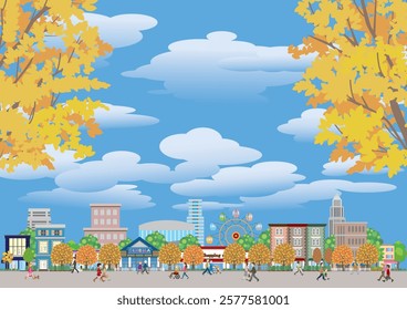 Autumn leaves cityscape illustration. Illustration of people walking down the street.