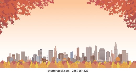 Autumn leaves cityscape illustration. Vector illustration of buildings.