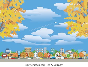 Autumn leaves cityscape illustration. Vector illustration of buildings.