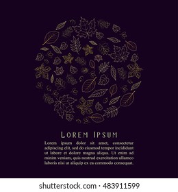 Autumn leaves collection. The composition with hand drawn branches, acorns, leaves in a circle. Decor for invitations, greeting cards, posters and blog design. Vector Illustration.