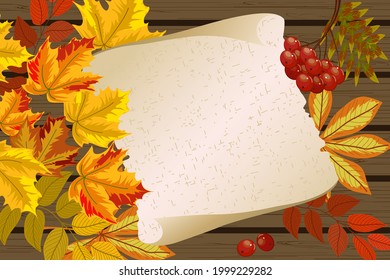 Autumn leaves in color illustration.Autumn leaves and a sheet of paper on a wooden background in vector illustration.