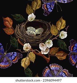 Autumn leaves, colorful butterflies, bird nest and flowering apple tree flowers. Embroidery seamless pattern. Fall forest. Template for design of clothes, tapestry. Fashion garden style